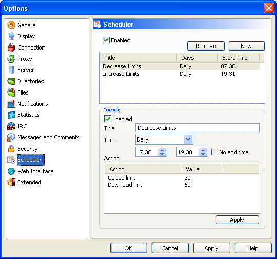 The eMule scheduler screen